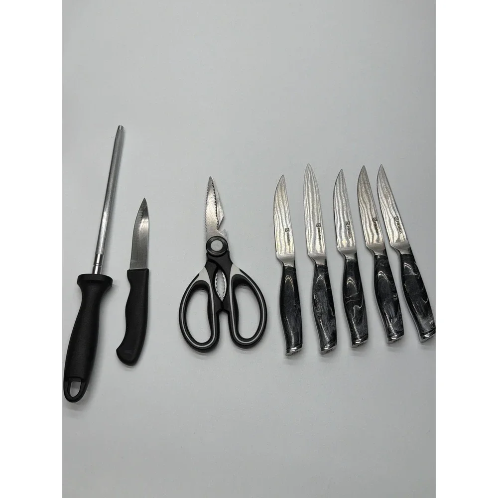 Piklohas 8 Piece Knife Set‎ with Wood Block Marbled Handles Steak Knives Shears